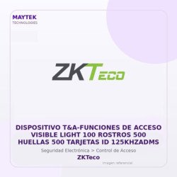 ZKTeco Dispositivo T&A-FUNCIONES de Acceso Visible Light 100 Rostros 500 Huellas 500 Tarjetas ID 125KHZADMS