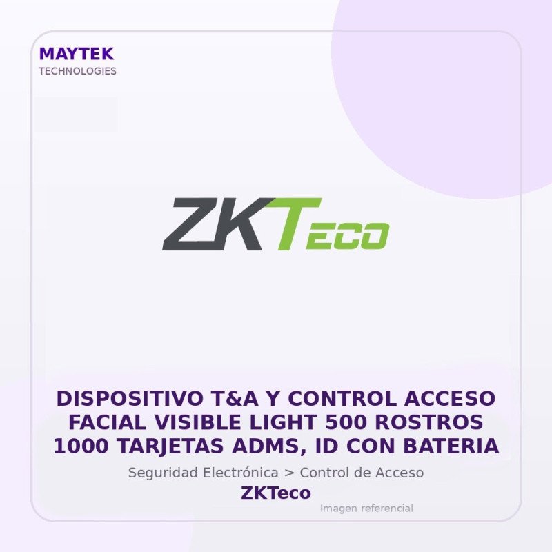 ZKTeco Dispositivo T&A y Control Acceso Facial Visible Light 500 Rostros 1000 Tarjetas ADMS, ID con Bateria