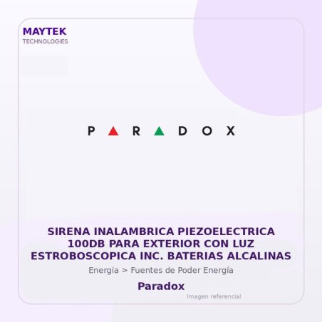 Paradox Sirena Inalambrica Piezoelectrica 100Db Para Exterior Con Luz Estroboscopica Inc. Baterias Alcalinas