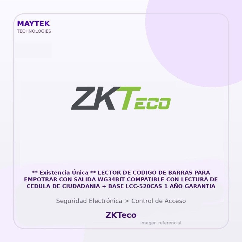 ZKTeco Lector de Codigo de Barras para Empotrar con Salida WG34BIT Compatible con Lectura de Cedula de Ciudadania + BASE