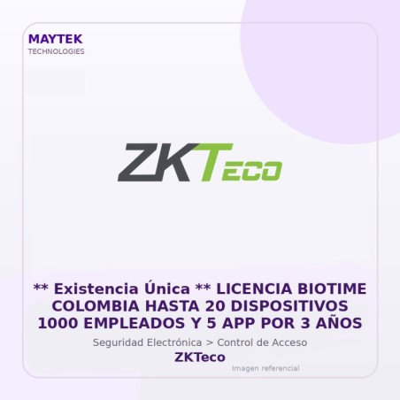 ZKTeco Licencia Biotime Colombia Hasta 20 Dispositivos 1000 Empleados y 5 APP por 3 AÑOS