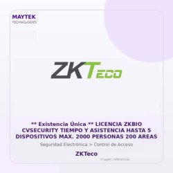 ZKTeco Licencia Zkbio Cvsecurity Tiempo y Asistencia Hasta 5 Dispositivos MAX. 2000 Personas 200 Areas