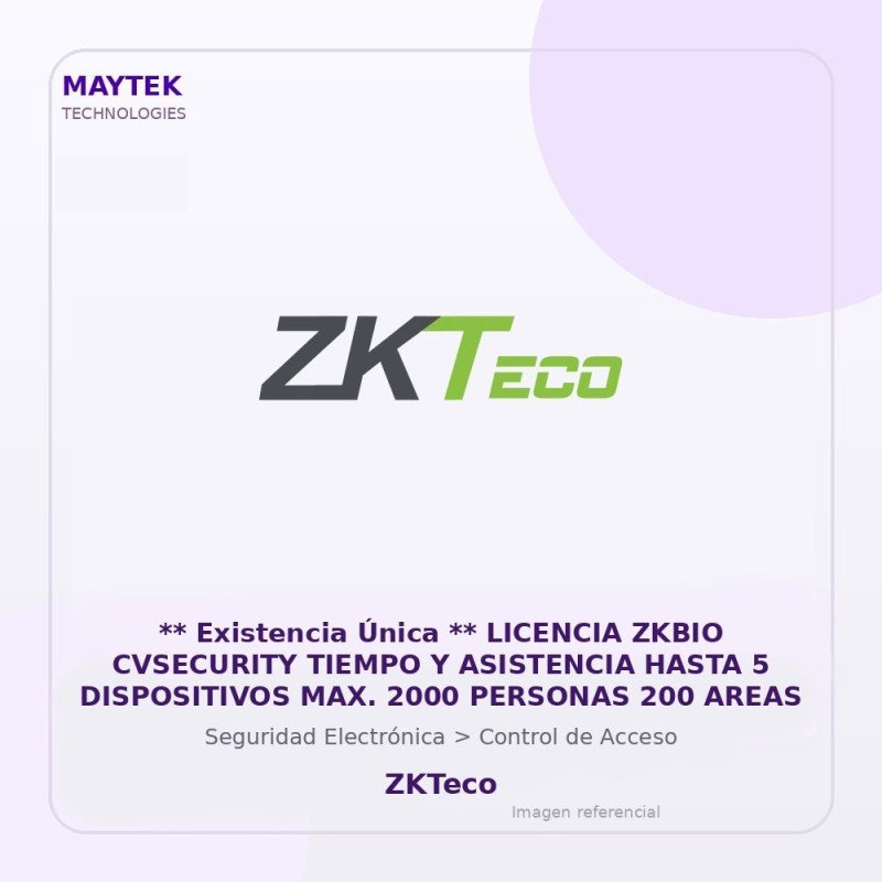 ZKTeco Licencia Zkbio Cvsecurity Tiempo y Asistencia Hasta 5 Dispositivos MAX. 2000 Personas 200 Areas