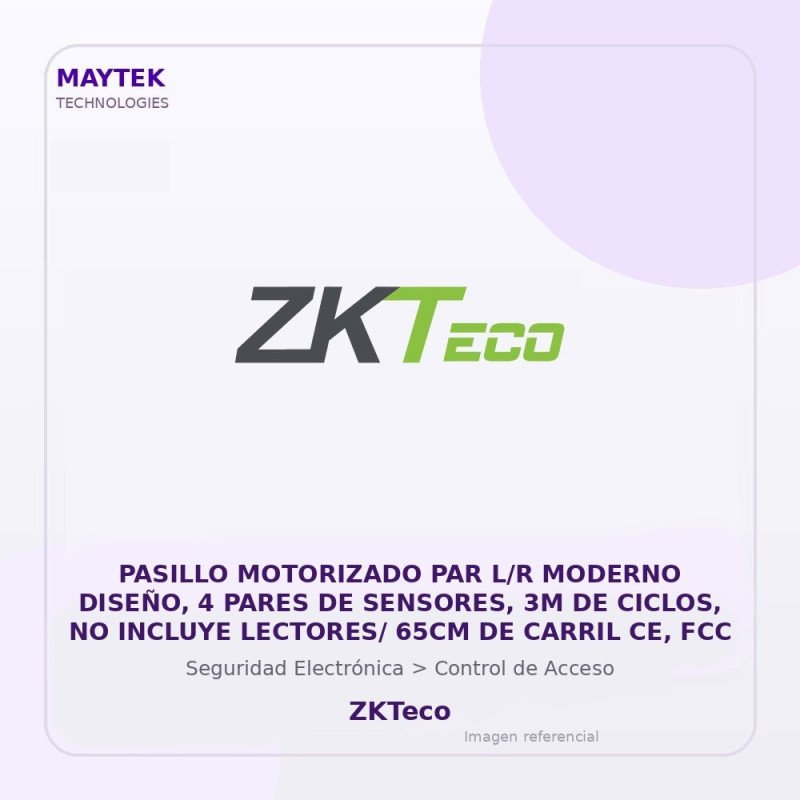 ZKTeco Pasillo Motorizado PAR L/R Moderno Diseño, 4 Pares de Sensores, 3M de Ciclos, NO Incluye LECTORES/ 65CM de Carril CE, FCC