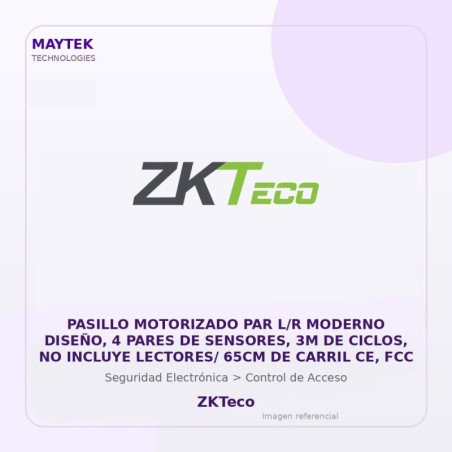 ZKTeco Pasillo Motorizado PAR L/R Moderno Diseño, 4 Pares de Sensores, 3M de Ciclos, NO Incluye LECTORES/ 65CM de Carril CE, FCC