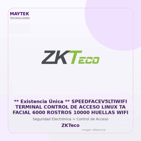 ZKTeco SPEEDFACEV5LTIWIFI Terminal Control de Acceso Linux TA Facial 6000 Rostros 10000 Huellas WIFI