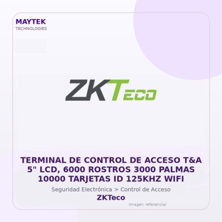 ZKTeco Terminal de Control de Acceso T&A 5" LCD, 6000 Rostros 3000 Palmas 10000 Tarjetas ID 125KHZ WIFI