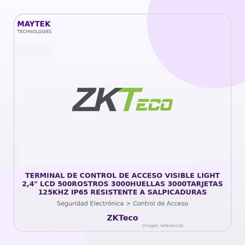 ZKTeco Terminal de Control de Acceso Visible Light 2,4" LCD 500ROSTROS 3000HUELLAS 3000TARJETAS 125KHZ IP65 Resistente a