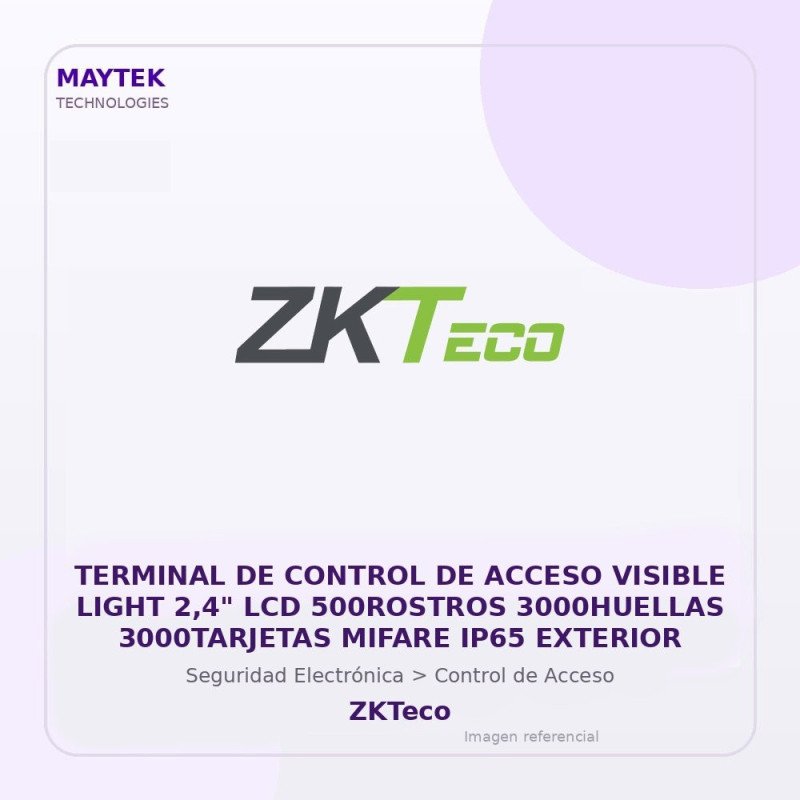 ZKTeco Terminal de Control de Acceso Visible Light 2,4" LCD 500ROSTROS 3000HUELLAS 3000TARJETAS Mifare IP65 Exterior