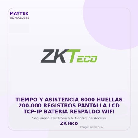 ZKTeco Tiempo y Asistencia 6000 Huellas 200.000 Registros Pantalla LCD TCP-IP Bateria Respaldo WIFI