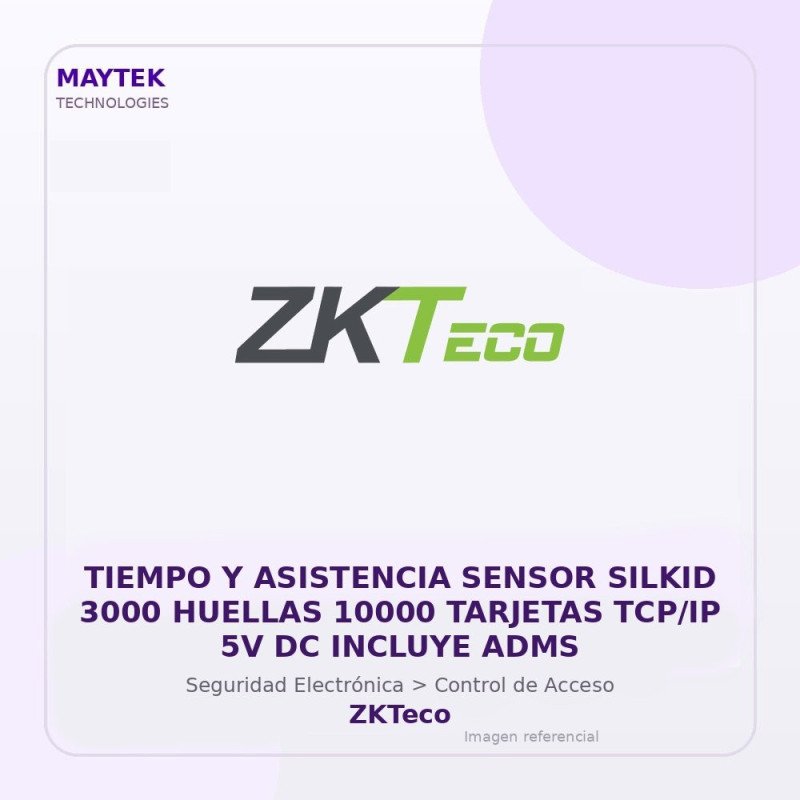 ZKTeco Tiempo y Asistencia Sensor Silkid 3000 Huellas 10000 Tarjetas TCP/IP 5V DC Incluye ADMS