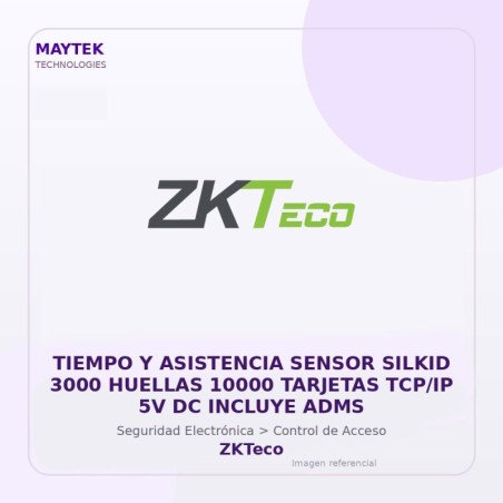 ZKTeco Tiempo y Asistencia Sensor Silkid 3000 Huellas 10000 Tarjetas TCP/IP 5V DC Incluye ADMS