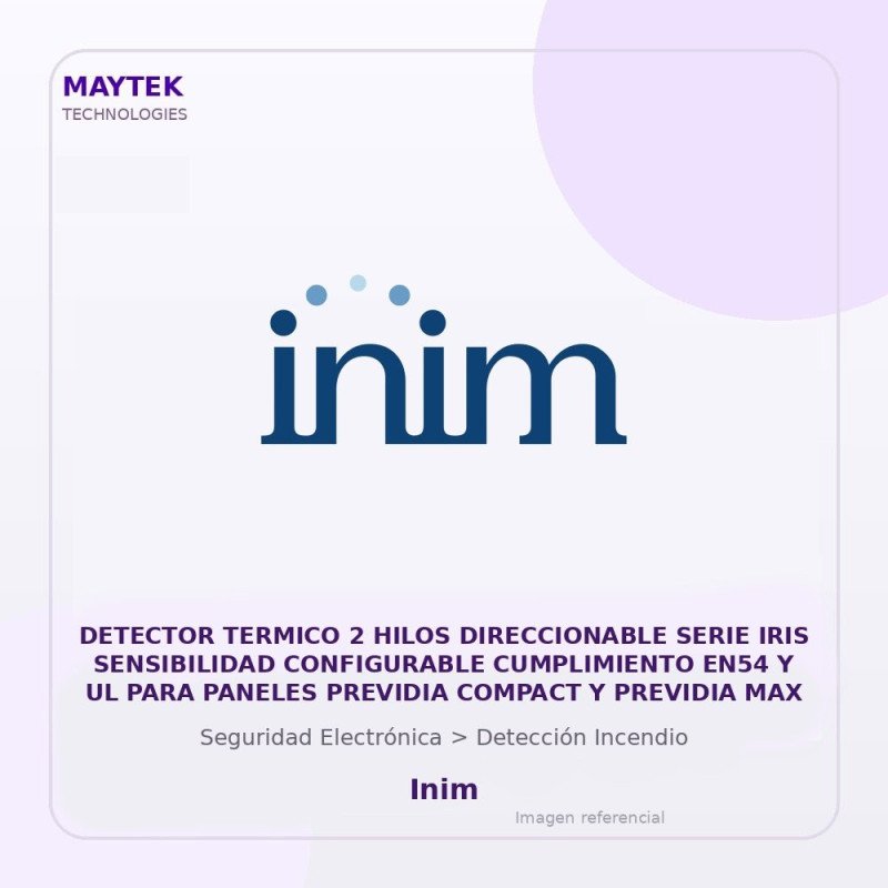 Inim Detector Termico 2 Hilos Direccionable Serie IRIS Sensibilidad Configurable Cumplimiento EN54 y UL para Paneles Previdia