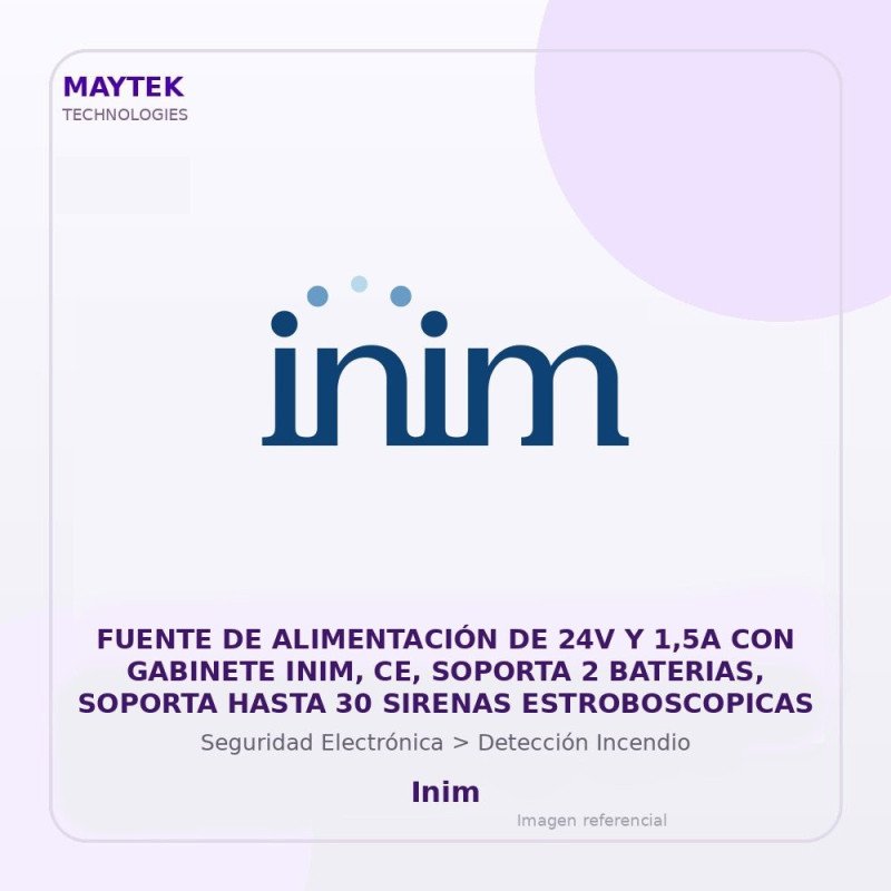 Inim Fuente de Alimentación de 24V y 1,5A con Gabinete INIM, CE, Soporta 2 Baterias, Soporta Hasta 30 Sirenas Estroboscopicas