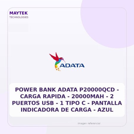 Power BANK Adata P20000QCD | Carga Rapida | 20000MAH | 2 Puertos USB | 1 TIPO C | Pantalla Indicadora de Carga | Negra