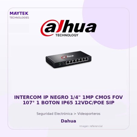 Dahua Intercom Ip Negro 1/4" 1Mp Cmos Fov 107° 1 Boton Ip65 12Vdc/POE Sip
