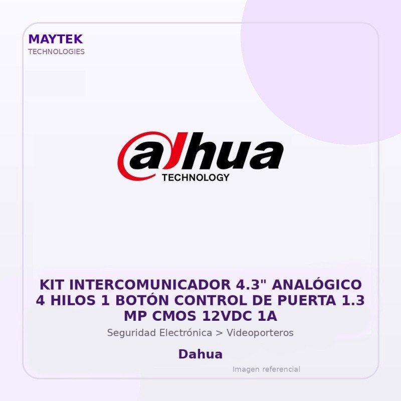 Dahua Kit Intercomunicador 4.3" Analógico 4 Hilos 1 Botón Control De Puerta 1.3 Mp Cmos 12Vdc 1A