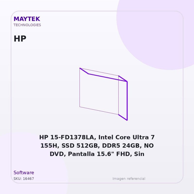 HP 15-FD1378LA, Intel Core Ultra 7 155H, SSD 512GB, DDR5 24GB, NO DVD, Pantalla 15.6" FHD, Sin Sistema Operativo, Silver