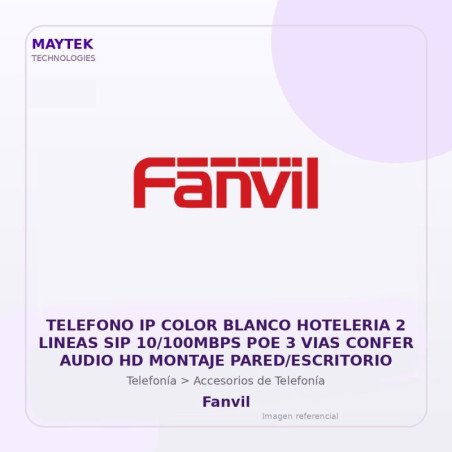 Fanvil Telefono Ip Color Blanco Hoteleria 2 Lineas Sip 10/100Mbps POE 3 Vias Confer Audio Hd Montaje Pared/Escritorio