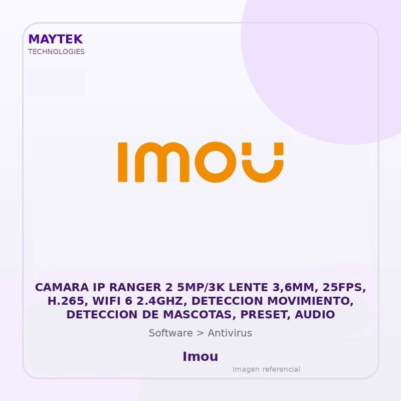 Imou Camara IP Ranger 2 5MP/3K Lente 3,6MM, 25FPS, H.265, WIFI 6 2.4GHZ, Deteccion Movimiento, Deteccion de Mascotas, Preset