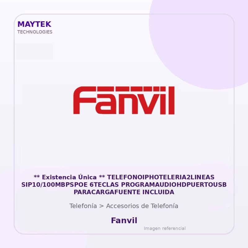 Fanvil ** Existencia Única ** Telefonoiphoteleria2Lineas Sip10/100Mbpspoe 6Teclas Programaudiohdpuertousb Paracargafuente Inclu