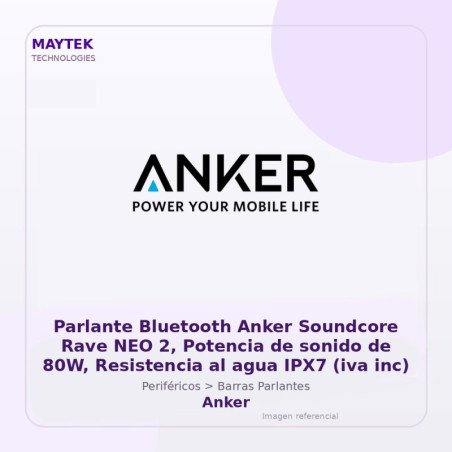 Anker Parlante Bluetooth Anker Soundcore Rave Neo 2, Potencia De Sonido De 80W, Resistencia Al Agua IPX7
