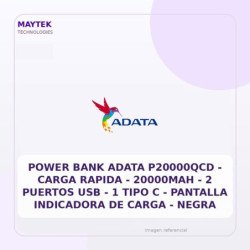 Power BANK Adata P20000QCD | Carga Rapida | 20000MAH | 2 Puertos USB | 1 TIPO C | Pantalla Indicadora de Carga | Negra