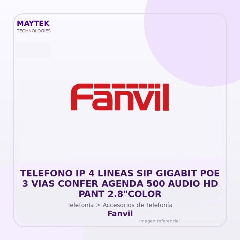 Fanvil Telefono Ip 4 Lineas Sip Gigabit POE 3 Vias Confer Agenda 500 Audio Hd Pant 2.8"Color