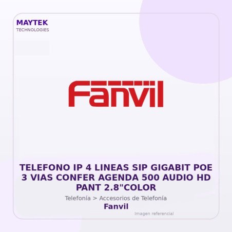 Fanvil Telefono Ip 4 Lineas Sip Gigabit POE 3 Vias Confer Agenda 500 Audio Hd Pant 2.8"Color
