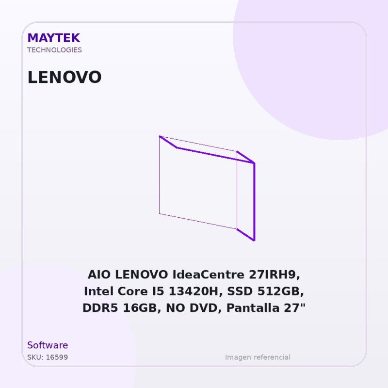 Kaspersky AIO LENOVO IdeaCentre 27IRH9, Intel Core I5 13420H, SSD 512GB, DDR5 16GB, NO DVD, Pantalla 27" IPS, FreeDOS, Combo