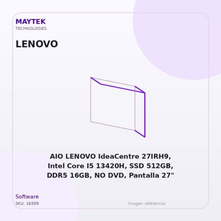 Kaspersky AIO LENOVO IdeaCentre 27IRH9, Intel Core I5 13420H, SSD 512GB, DDR5 16GB, NO DVD, Pantalla 27" IPS, FreeDOS, Combo