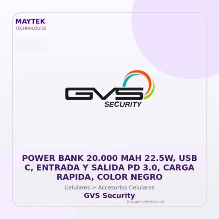 Gvs Security Power Bank 20.000 Mah 22.5W, USB C, Entrada Y Salida Pd 3.0, Carga Rapida, Color Negro