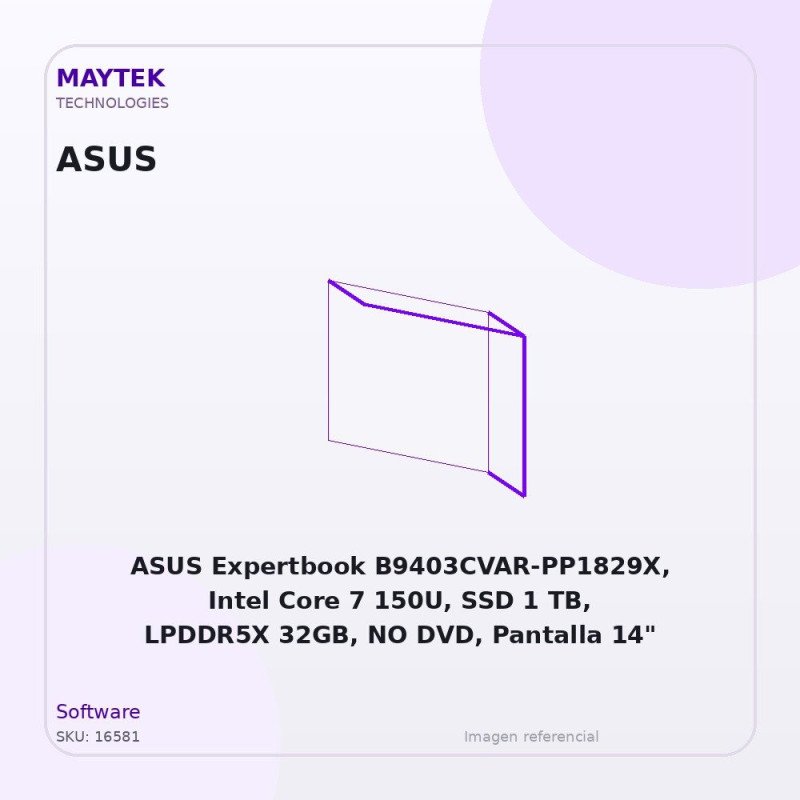 ASUS Expertbook B9403CVAR-PP1829X, Intel Core 7 150U, SSD 1 TB, LPDDR5X 32GB, NO DVD, Pantalla 14" OLED WQXGA, Windows 11 Pro