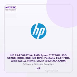 HP 15-FC0287LA, AMD Ryzen 7 7730U, SSD 512GB, DDR4 8GB, NO DVD, Pantalla 15.6" FHD, Windows 11 Home, Silver (C92PXLA#ABM)