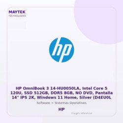HP OmniBook 3 14-HU0050LA, Intel Core 5 120U, SSD 512GB, DDR5 8GB, NO DVD, Pantalla 14" IPS 2K, Windows 11 Home, Silver