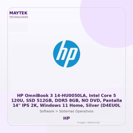 HP OmniBook 3 14-HU0050LA, Intel Core 5 120U, SSD 512GB, DDR5 8GB, NO DVD, Pantalla 14" IPS 2K, Windows 11 Home, Silver