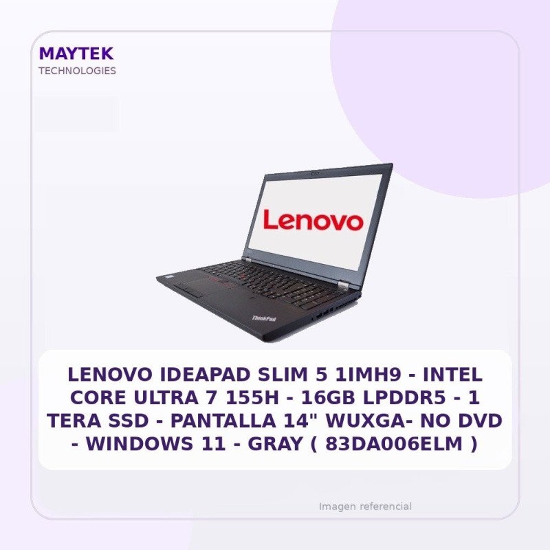 Lenovo Ideapad SLIM 5 1IMH9 | Intel CORE Ultra 7 155H | 16GB LPDDR5 | 1 TERA SSD | Pantalla 14" WUXGA- NO DVD | Windows 11 |