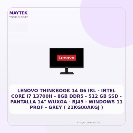 Lenovo Thinkbook 14 G6 IRL | Intel CORE I7 13700H | 8GB DDR5 | 512 GB SSD | Pantalla 14" Wuxga | RJ45 | Windows 11 PROF | GREY (