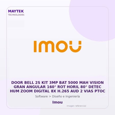 Imou DOOR BELL 2S KIT 3MP BAT 5000 MAH Vision GRAN Angular 160° ROT Horil 80° Detec HUM ZOOM Digital 8X H.265 AUD 2 VIAS PTOC