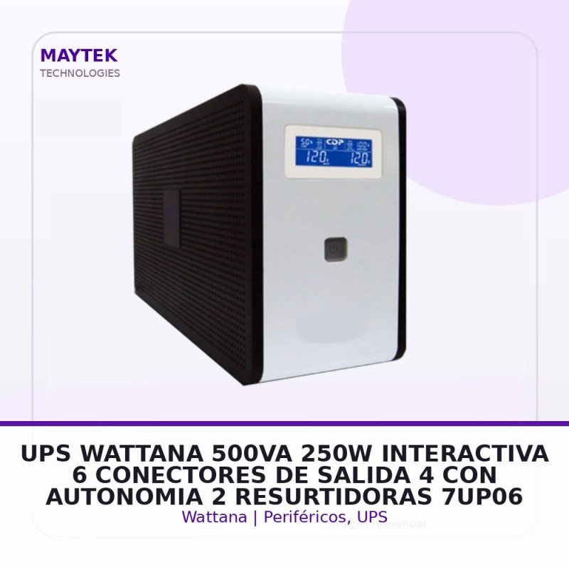 UPS Wattana 500VA | 250W | Interactiva | 6 Conectores de Salida ( 4 con Autonomia | 2 Resurtidoras )