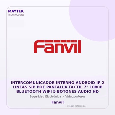 Fanvil Intercomunicador Interno Android IP 2 Lineas SIP POE Pantalla Tactil 7" 1080P Bluetooth WIFI 5 Botones Audio HD