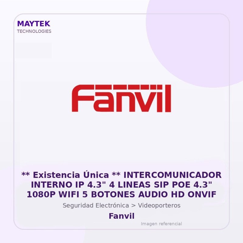 Fanvil Intercomunicador Interno IP 4.3" 4 Lineas SIP POE 4.3" 1080P WIFI 5 Botones Audio HD Onvif