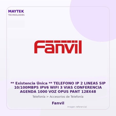 Fanvil Telefono IP 2 Lineas SIP 10/100MBPS IPV6 WIFI 3 VIAS Conferencia Agenda 1000 VOZ OPUS PANT 128X48