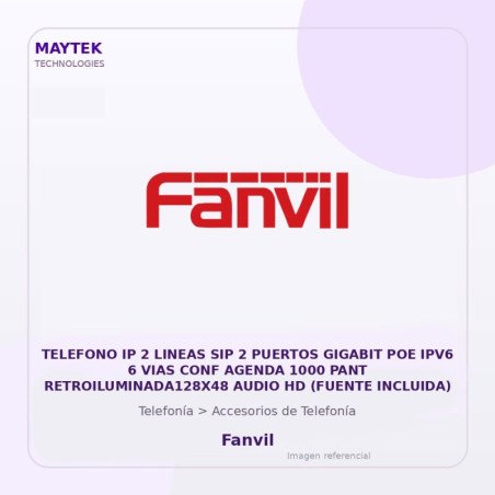 Fanvil Telefono IP 2 Lineas SIP 2 Puertos Gigabit POE IPV6 6 VIAS CONF Agenda 1000 PANT RETROILUMINADA128X48 Audio HD (fuente