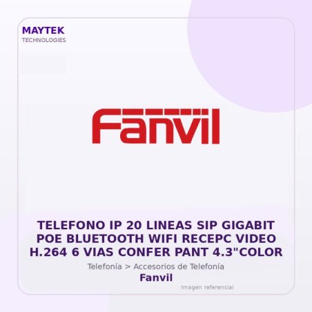 Fanvil Telefono IP 20 Lineas SIP Gigabit POE Bluetooth WIFI Recepc Video H.264 6 VIAS Confer PANT 4.3"COLOR