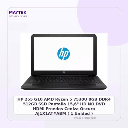 HP 255 G10 | AMD Ryzen 5 7530U | 8GB DDR4 | 512GB SSD | Pantalla 15,6" HD | NO DVD | HDMI | Freedos | Ceniza Oscuro |