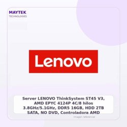 Server LENOVO ThinkSystem ST45 V3, AMD EPYC 4124P 4C/8 hilos 3.8GHz/5.1GHz, DDR5 16GB, HDD 2TB SATA, NO DVD, Controladora AMD