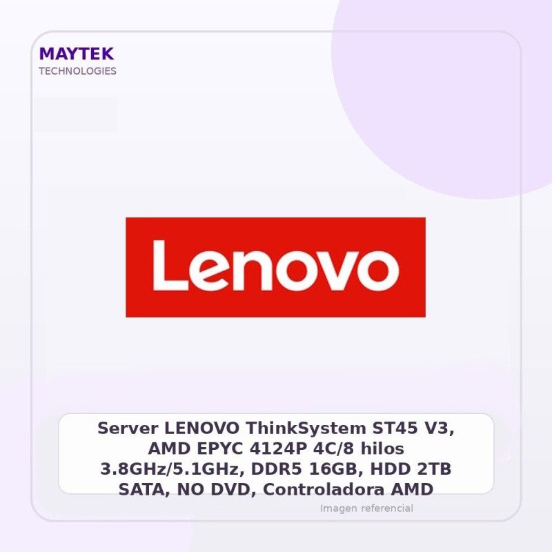 Server LENOVO ThinkSystem ST45 V3, AMD EPYC 4124P 4C/8 hilos 3.8GHz/5.1GHz, DDR5 16GB, HDD 2TB SATA, NO DVD, Controladora AMD