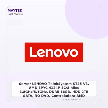 Server LENOVO ThinkSystem ST45 V3, AMD EPYC 4124P 4C/8 hilos 3.8GHz/5.1GHz, DDR5 16GB, HDD 2TB SATA, NO DVD, Controladora AMD