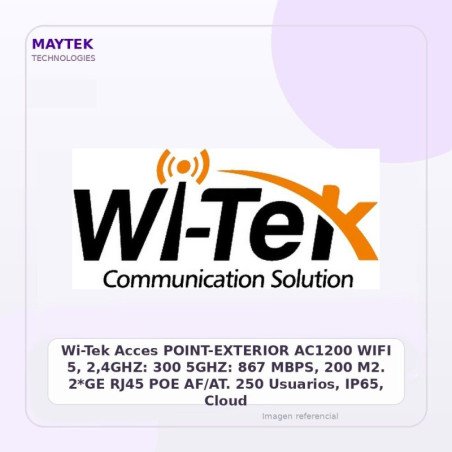 Wi-Tek Acces POINT-EXTERIOR AC1200 WIFI 5, 2,4GHZ: 300 5GHZ: 867 MBPS, 200 M2. 2*GE RJ45 POE AF/AT. 250 Usuarios, IP65, Cloud